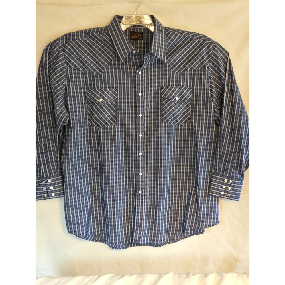 Plains Western Wear Mens 3X Pearl Snap Blue Plaid Button Up Shirt Big Man